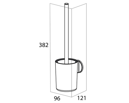 Technische Zeichnung einer Toilettenbürste mit Halterung und Maßangaben