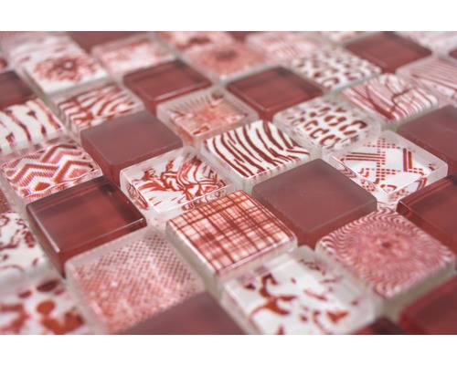 Mosaikfliese aus Glas und Stein, rot-weiß gemustert