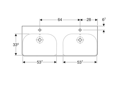 Technische Zeichnung eines Doppelwaschbeckens mit Maßangaben