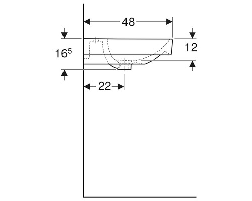 Technische Zeichnung eines Waschtischs mit Maßen