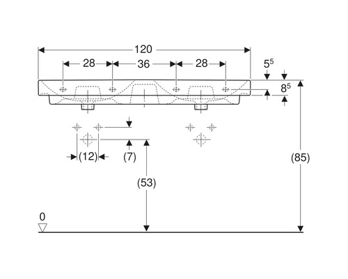 Technische Zeichnung eines Waschbeckens mit Maßangaben