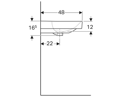 Technische Zeichnung eines Waschbeckens mit Maßangaben