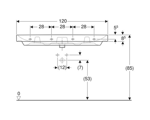 Maßzeichnung eines Waschtisches mit Bemaßung