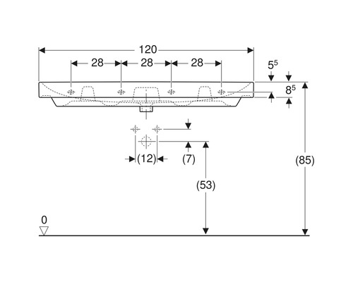 Technische Zeichnung eines Waschtischs mit Maßangaben