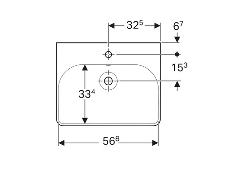 Technische Zeichnung eines Waschbeckens mit Maßangaben