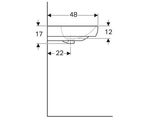 Technische Zeichnung eines Waschbeckens mit Maßangaben.