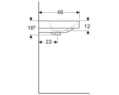 Technische Zeichnung eines Waschbeckens mit Maßangaben für die Installation