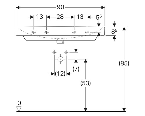 Technische Zeichnung eines Waschtisches mit Maßangaben