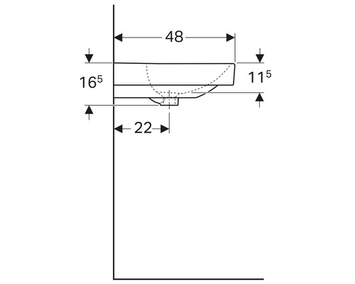 Technische Zeichnung eines Waschbeckens mit Maßen.