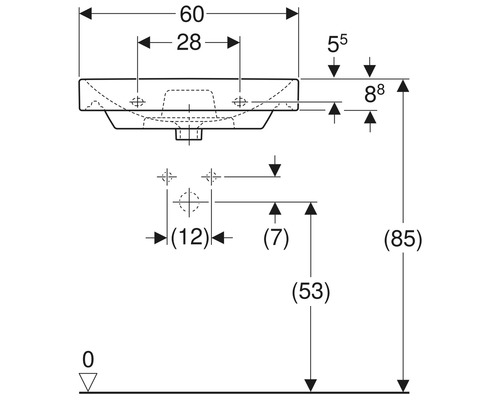 Technische Zeichnung eines Waschbeckens mit Maßangaben