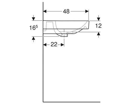 Technische Zeichnung eines Waschbeckens mit Maßangaben.