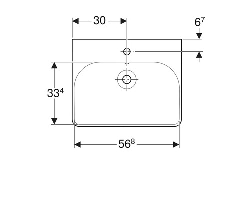 Technische Zeichnung eines Waschbeckens mit Maßangaben