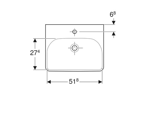 Technische Zeichnung eines Waschbeckens mit Maßangaben