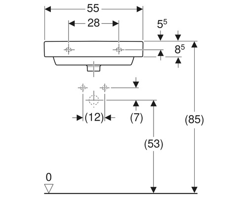 Technische Zeichnung eines Waschtischs mit Maßangaben