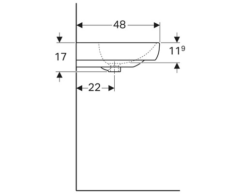 Technische Zeichnung eines Waschbeckens mit Maßangaben