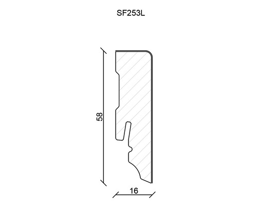 Abmessungsprofil der Zierleiste mit den Maßen 58 x 16 Millimeter