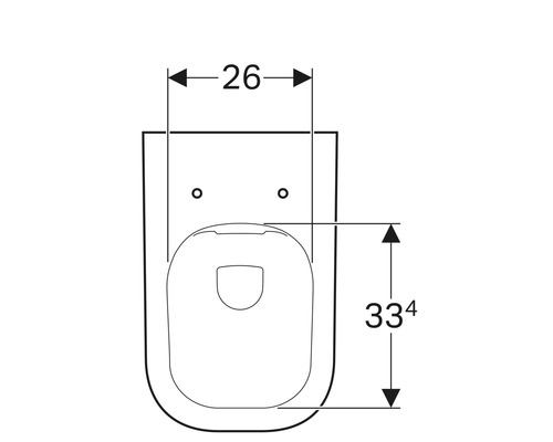 Technische Zeichnung eines Wand-WCs mit Maßangaben: 26 cm Breite und 33,4 cm Höhe.