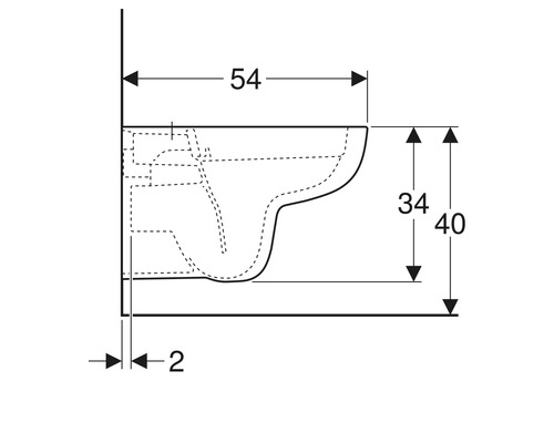 Technische Zeichnung eines Wand-WCs mit Maßangaben