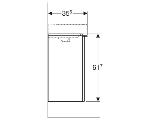 Technische Zeichnung eines Waschtischunterschranks mit den Maßen 356 mal 617 Millimeter.