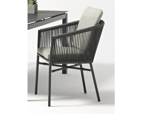 Gartensessel mit Armlehnen, Seilbespannung und Sitzkissen