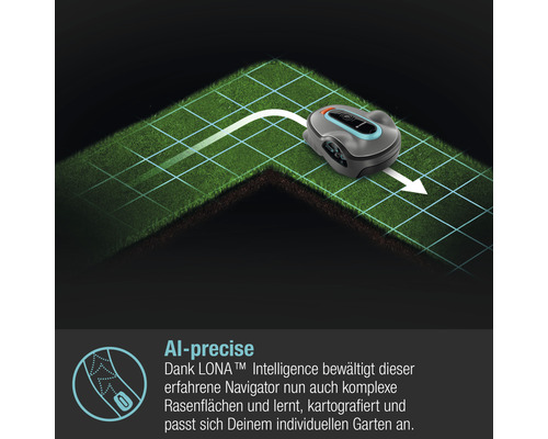 Rasenmähroboter auf Rasenfläche mit Navigationspfad