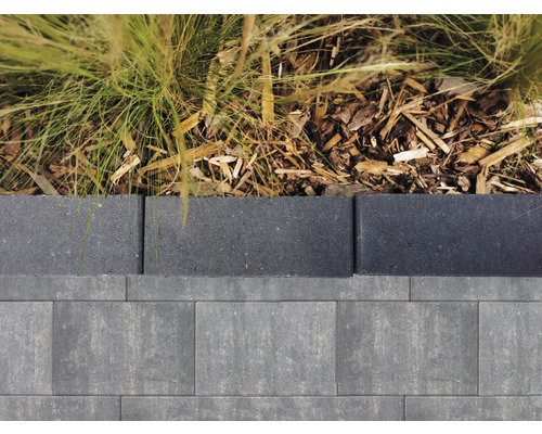 Nahaufnahme von Pflastersteinen und Rasenkantensteinen in einem Garten