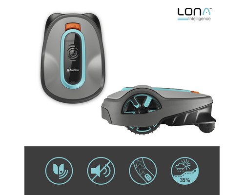 Gardena Mähroboter von oben und von der Seite mit zugehörigen Symbolen