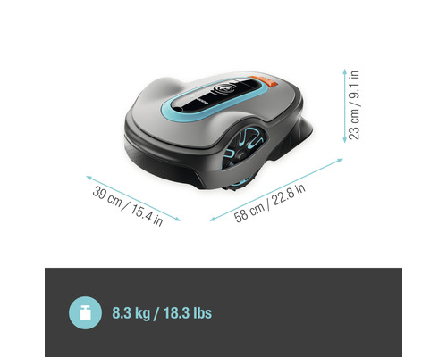 Gardena Mähroboter mit Abmessungen und Gewicht
