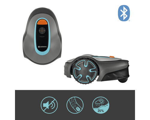 Gardena Mähroboter in zwei Ansichten und Bluetooth Symbol