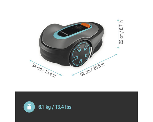 Gardena Mähroboter mit den Maßen 34 cm x 52 cm x 22 cm und einem Gewicht von 6,1 kg.