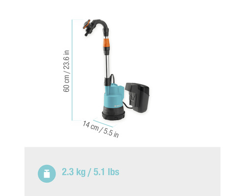 Gardena Schmutzwasserpumpe mit Akku und den Maßen 60 cm Höhe und 14 cm Breite