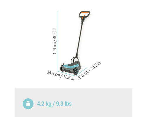 Rasenmäher mit Maßangaben für Länge, Breite und Höhe