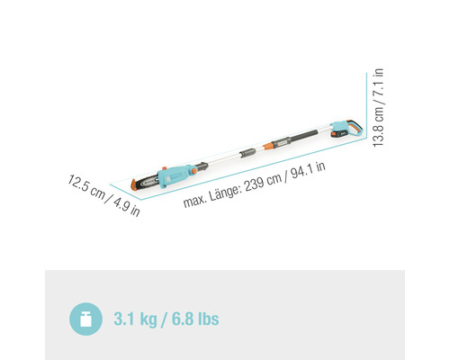 Gardena Akku-Hochentaster mit Maßangaben