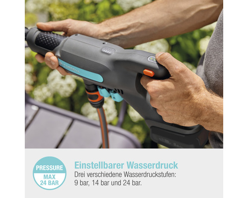 Gardena Akku-Hochdruckreiniger mit regulierbarem Wasserdruck in der Hand
