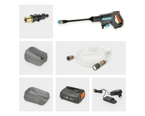 Gardena Akku-Reinigungsgerät mit Zubehör wie Adapter, Ansaugschlauch, Akku, Ladegerät und Aufbewahrung
