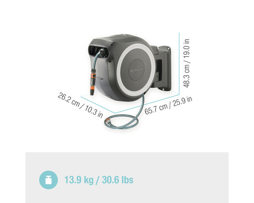 Gardena Schlauchbox mit Schlauch und Abmessungen