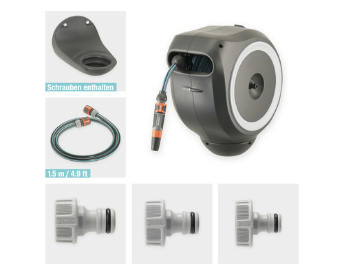 Gardena Schlauchbox mit Wandhalterung, Gartenschlauch und Anschlussstücken