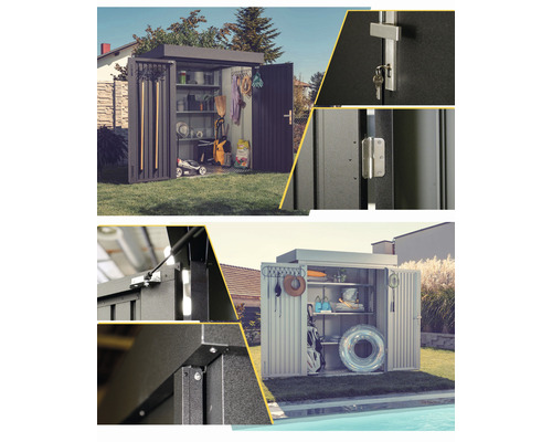 Geräteschuppen mit Regalen und Gartengeräten im Garten