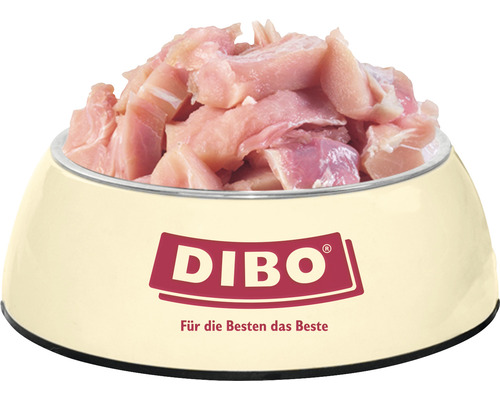 Hundenapf gefüllt mit rohem Hühnerfleisch, Dibo Logo