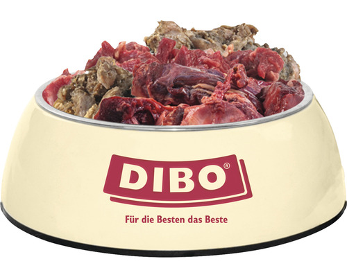 Futternapf gefüllt mit rohem Hundefutter der Marke Dibo