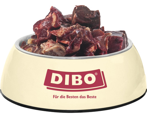Futternapf gefüllt mit rohem Fleisch für Hunde, Dibo Logo