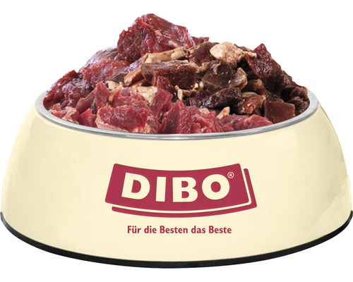 Dibo Logo auf gefülltem Hundenapf mit rohem Fleisch