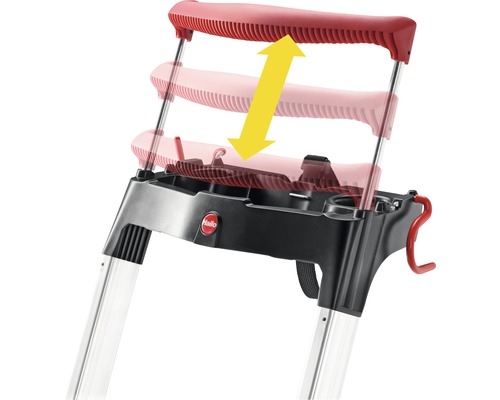 Verstellbare Halterung einer Steighilfe mit Pfeil für Höhenverstellung.