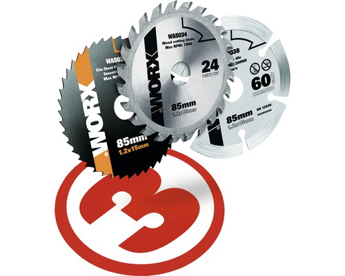 Worx Logo mit drei verschiedenen Sägeblättern für Holz, dünne Bleche und Fliesen, Durchmesser 85 mm