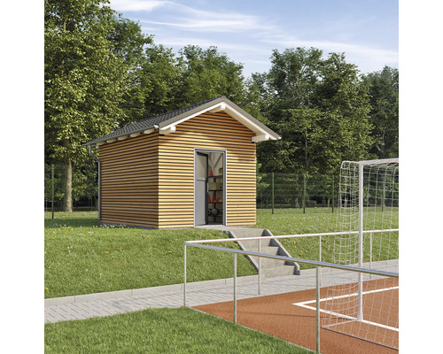 Gartenhaus aus Holz mit Tür und Treppe neben einem Fussballplatz