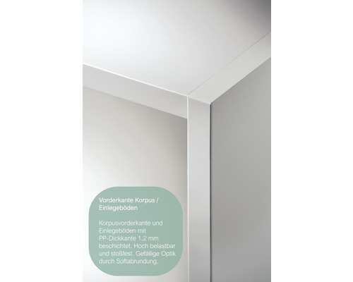 Korpusvorderkante und Einlegeböden mit Polypropylen Dickkante