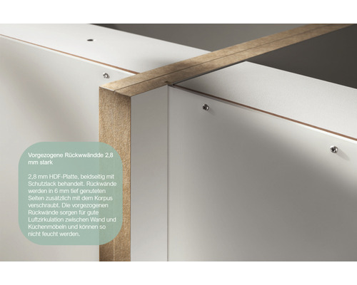 Detailaufnahme von Küchenmöbeln mit Rückwänden aus HDF-Platten