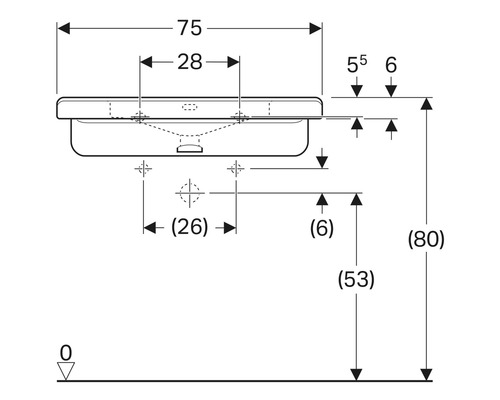 Maßzeichnung eines Waschtischs mit Abmessungen