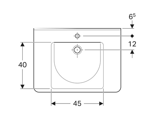 Technische Zeichnung eines Waschtisches mit Maßangaben.