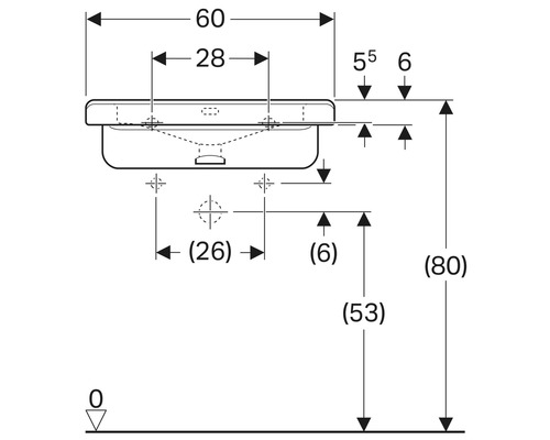 Technische Zeichnung eines Waschbeckens mit Maßangaben